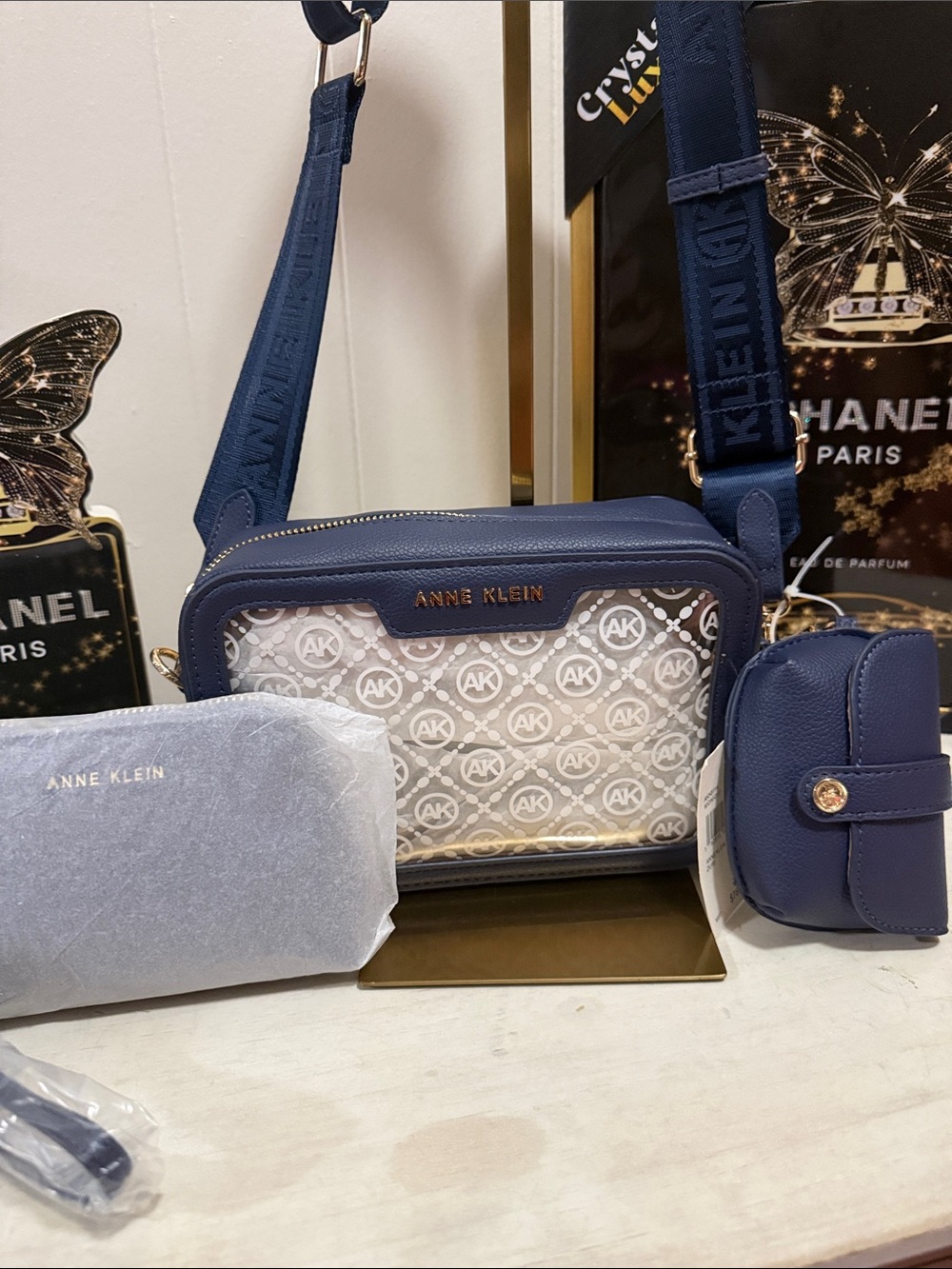 Anne Klein Navy Crossbody with Clear Logo Window and Matching Pouch